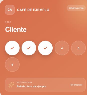Tarjeta web de ejemplo de una cafetería: cliente ficticio, tres de seis sellos y bebida chica como recompensa hipotética.