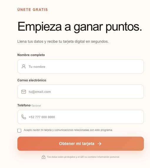 Formulario de inscripción de Nativo Rewards: nombre completo, correo electrónico, teléfono opcional y consentimiento antes de obtener la tarjeta.